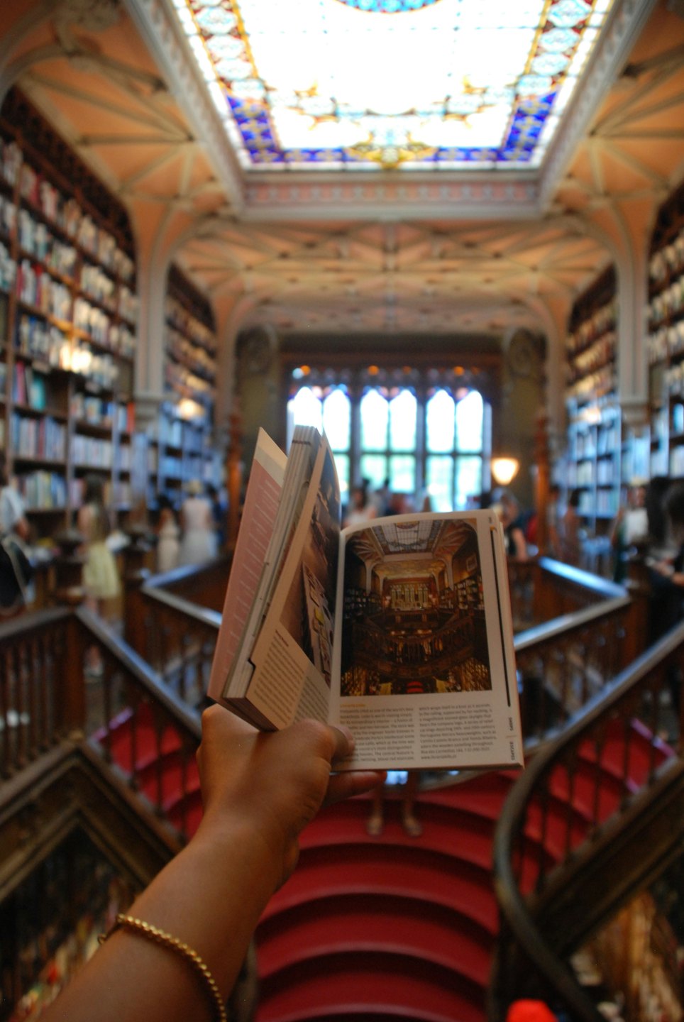Arm holding a book open to a library image.