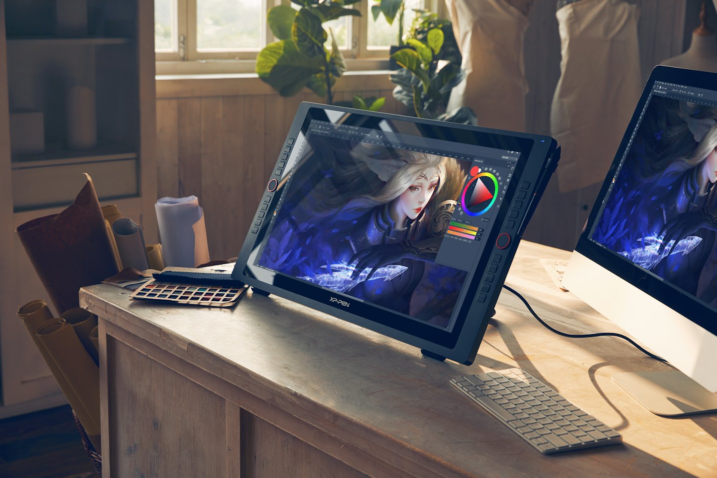 Digital tablet displaying fantasy art on a wooden desk.